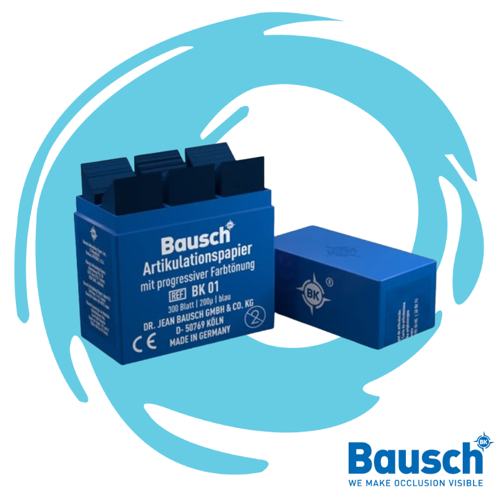 Bausch 200µ Articulating Paper with progressive color transfer, that highlights overall pressure distribution by means of different color shades: bausch articulating paper 200 Micron available in Jordan at JODLU Comapny